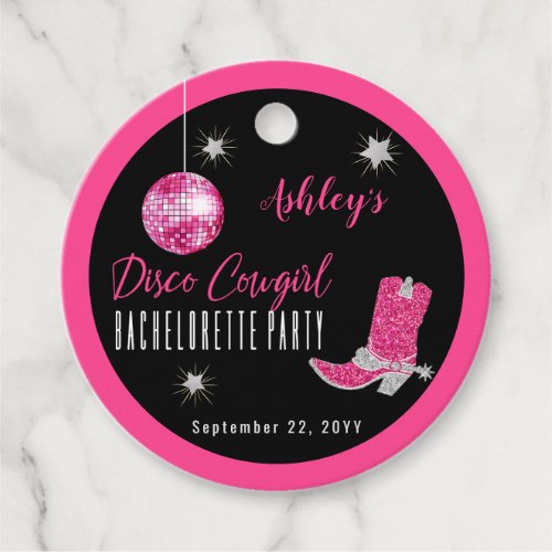 Faux Glitter Pink Disco Cowgirl Bachelorette Party Favor Tags