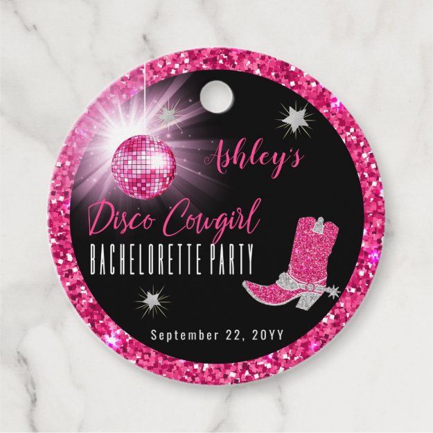 Faux Glitter Pink Disco Cowgirl Bachelorette Party Favor Tags