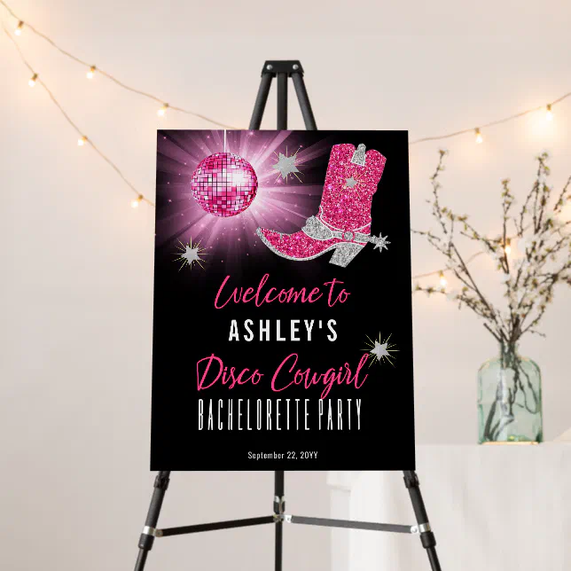 Faux Glitter Pink Disco Cowgirl Bachelorette Party Foam Board | Zazzle