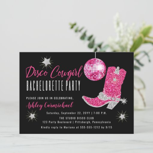 Faux Glitter Pink Disco Cowgirl Bachelorette Party Invitation | Zazzle