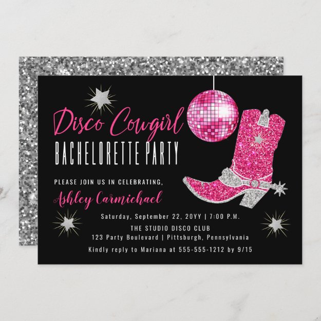 Faux Glitter Pink Disco Cowgirl Bachelorette Party Invitation