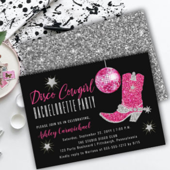 Faux Glitter Pink Disco Cowgirl Bachelorette Party Invitation by holidayhearts at Zazzle