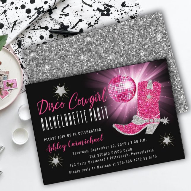 Faux Glitter Pink Disco Cowgirl Bachelorette Party Invitation (Creator Uploaded)