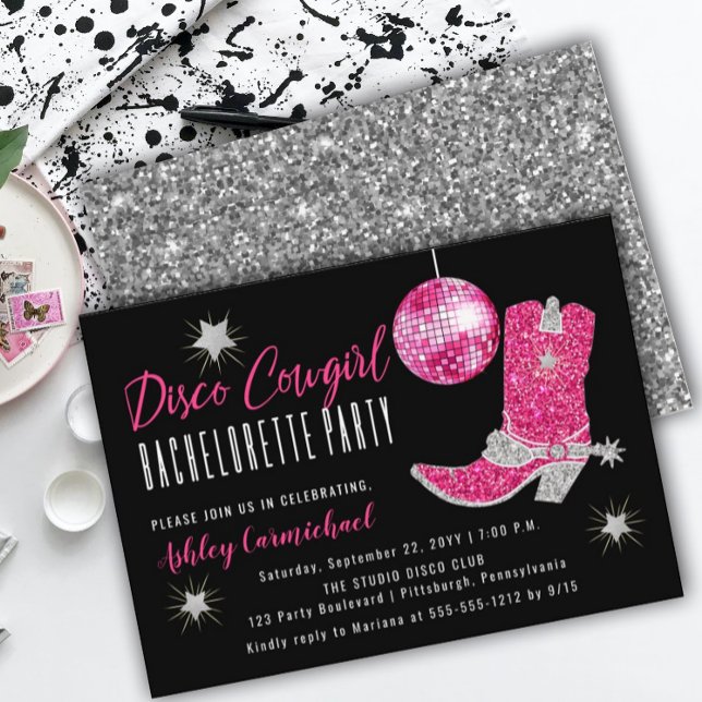 Faux Glitter Pink Disco Cowgirl Bachelorette Party Invitation (Creator Uploaded)