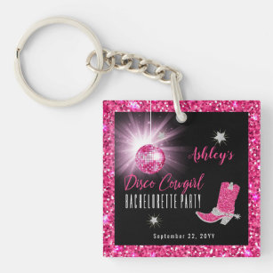 Faux Glitter Pink Disco Cowgirl Bachelorette Party Keychain