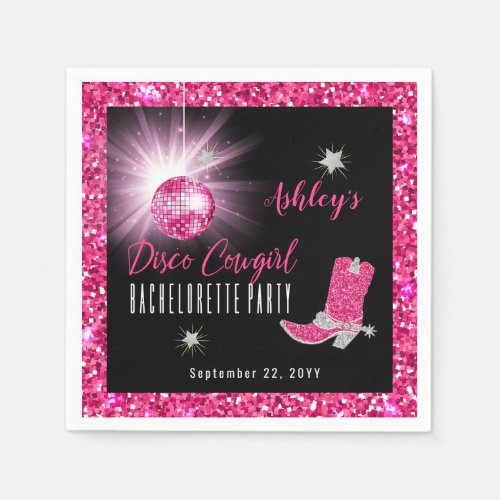 Faux Glitter Pink Disco Cowgirl Bachelorette Party Napkins