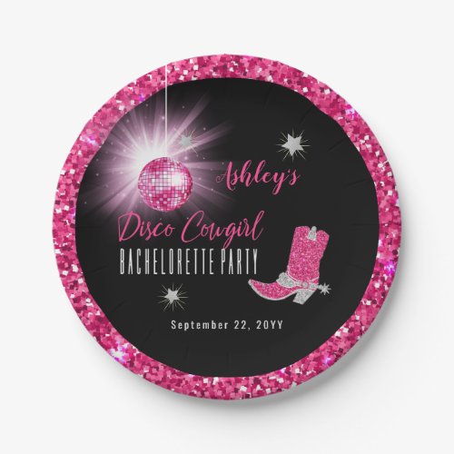 Faux Glitter Pink Disco Cowgirl Bachelorette Party Paper Plates
