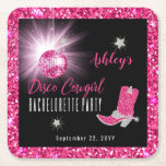 Faux Glitter Pink Disco Cowgirl Bachelorette Party Square Paper Coaster<br><div class="desc">Get your party on in retro 70's style with this faux pink and silver glitter and pink disco mirror ball "Disco Cowgirl Bachelorette" party design.  Composite design by Holiday Hearts Designs (rights reserved).</div>
