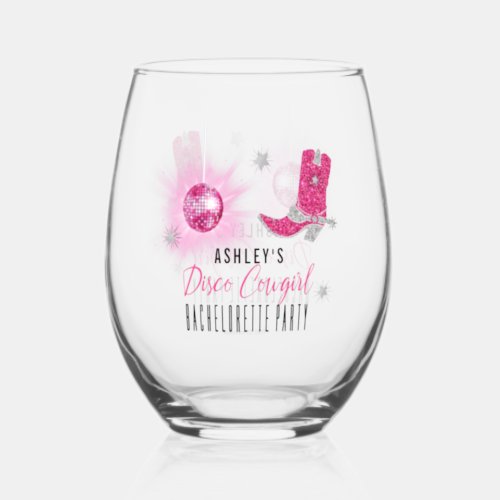 Faux Glitter Pink Disco Cowgirl Bachelorette Party Stemless Wine Glass