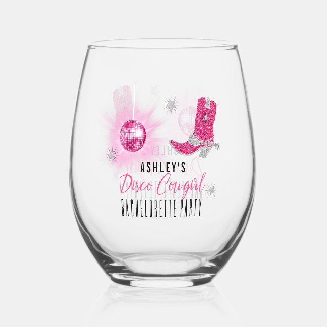 Faux Glitter Pink Disco Cowgirl Bachelorette Party Stemless Wine Glass (Front)
