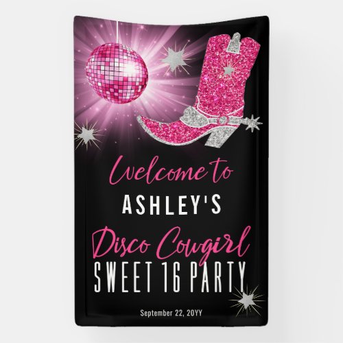 Faux Glitter Pink Disco Cowgirl Sweet 16 Party Banner
