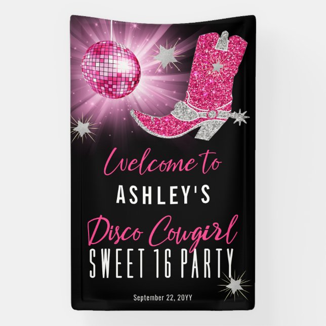 Faux Glitter Pink Disco Cowgirl Sweet 16 Party Banner (Vertical)