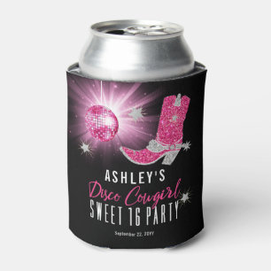 Faux Glitter Pink Disco Cowgirl Sweet 16 Party Can Cooler