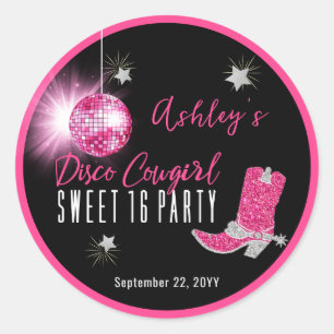 Faux Glitter Pink Disco Cowgirl Sweet 16 Party Classic Round Sticker