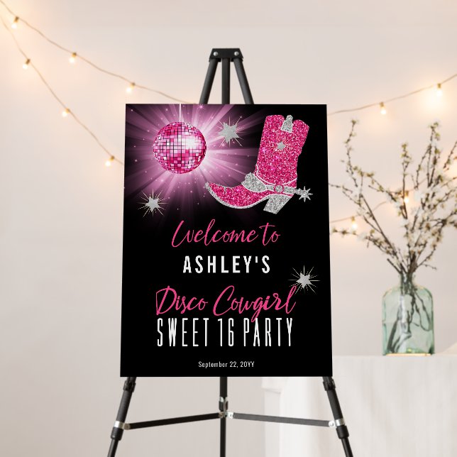 Faux Glitter Pink Disco Cowgirl Sweet 16 Party Foam Board (In Situ (Stand))