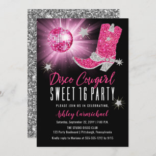 Faux Glitter Pink Disco Cowgirl Sweet 16 Party Invitation