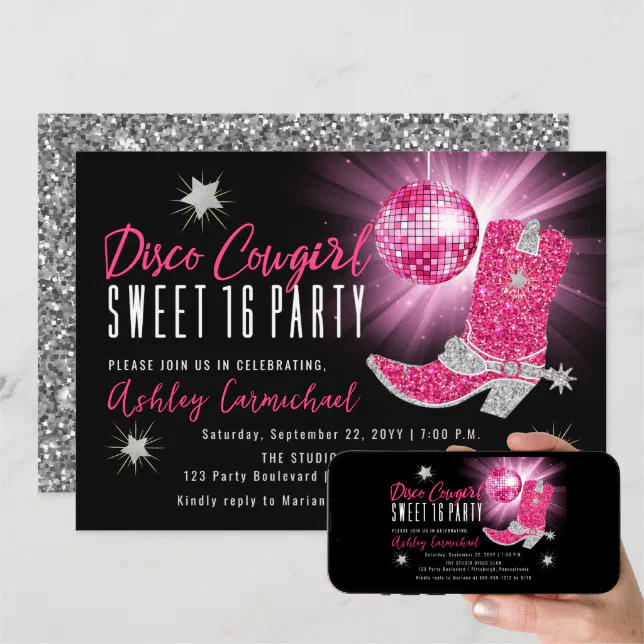 Faux Glitter Pink Disco Cowgirl Sweet 16 Party Invitation | Zazzle