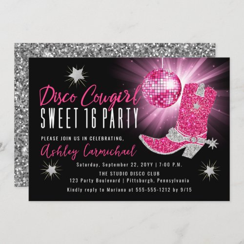 Faux Glitter Pink Disco Cowgirl Sweet 16 Party Invitation