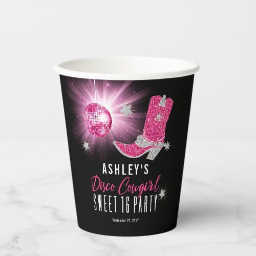 Faux Glitter Pink Disco Cowgirl Sweet 16 Party Paper Cups