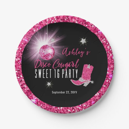 Faux Glitter Pink Disco Cowgirl Sweet 16 Party Paper Plates