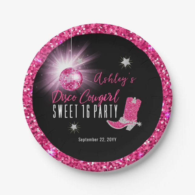 Faux Glitter Pink Disco Cowgirl Sweet 16 Party Paper Plates (Front)