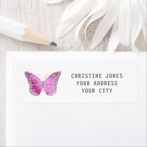 faux glitter pink gray butterfly label
