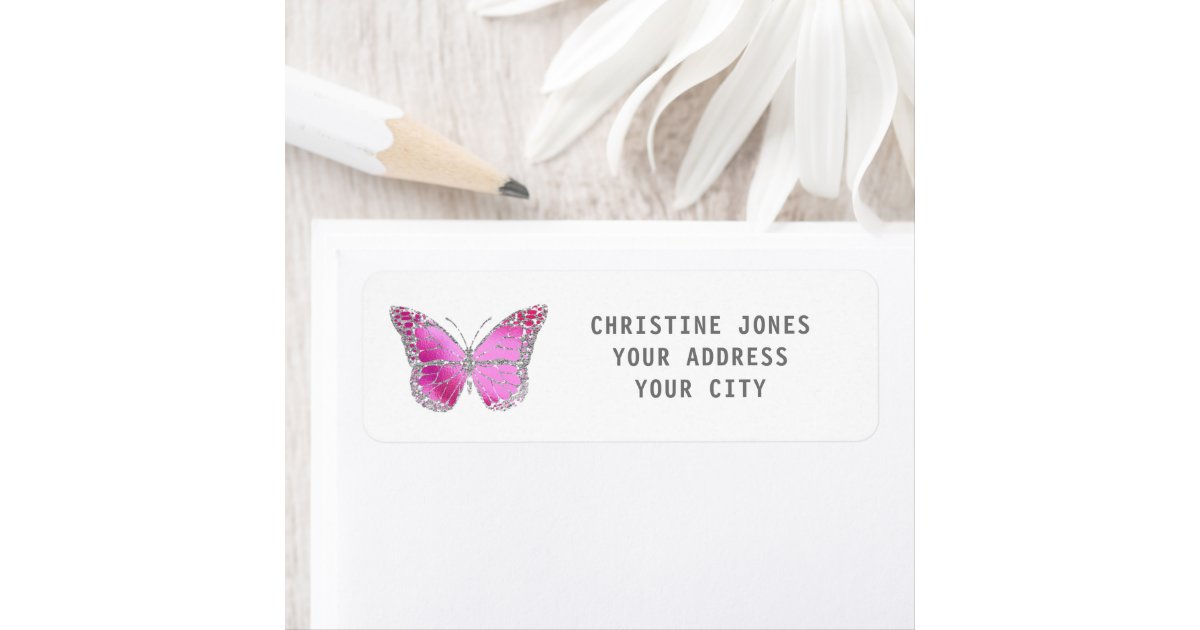 Pink Butterfly Label faux glitter pink gray butterfly label | Zazzle