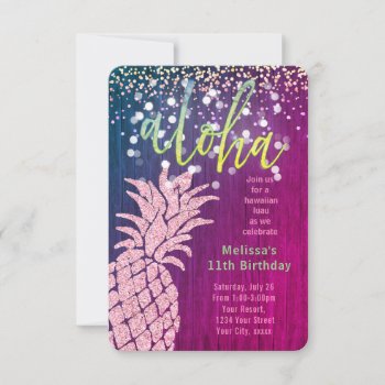 Faux Glitter Pink Pineapple Summer Birthday Invitation by amoredesign at Zazzle