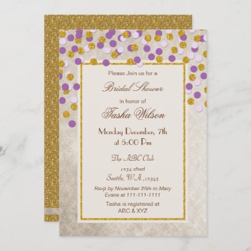FAUX Glitter purple Gold confetti Bridal Shower Invitation