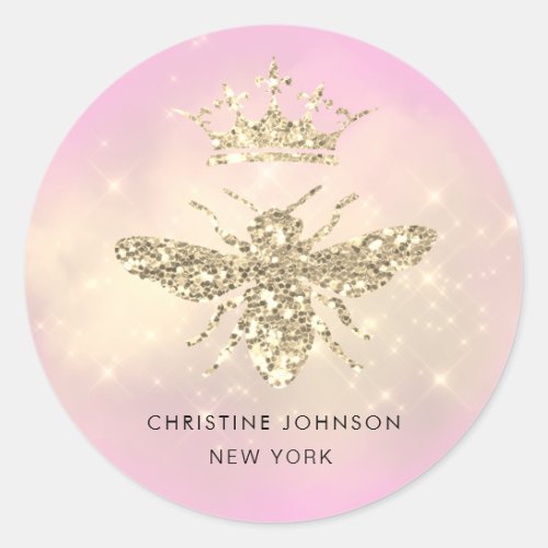 faux glitter queen bee logo on pink classic round sticker