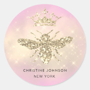 faux glitter queen bee logo on pink classic round sticker