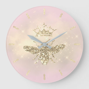 faux glitter queen bee on pink large clock
