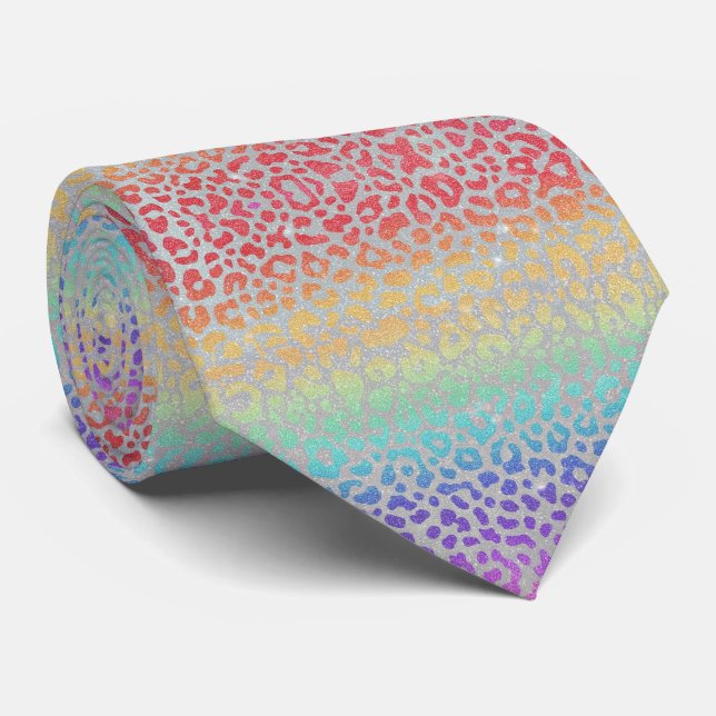 Faux Glitter Rainbow Leopard Print Neck Tie (Rolled)