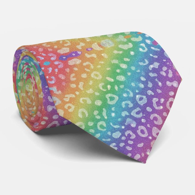 Faux Glitter Rainbow Leopard Print Neck Tie (Rolled)