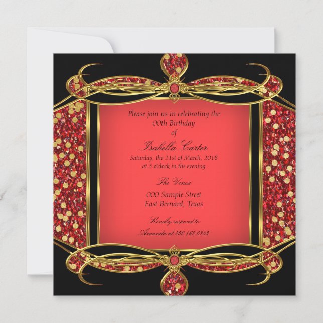 Faux Glitter Red Gold Black Birthday Party Invitation (Front)