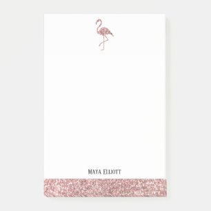 Faux Glitter Rose Gold and White Flamingo & Border Post-it Notes