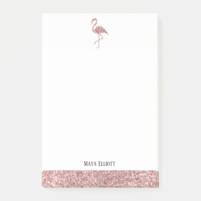 Faux Glitter Rose Gold and White Flamingo & Border Post-it Notes (Front)