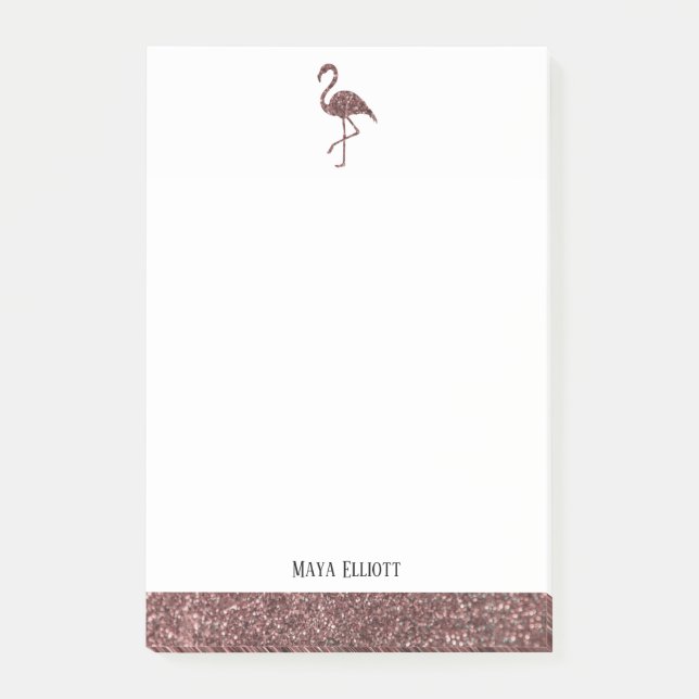 Faux Glitter Rose Gold and White Flamingo & Border Post-it Notes (Front)
