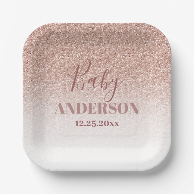 Faux Glitter Rose Gold Girl Baby Shower Square Paper Plates (Front)