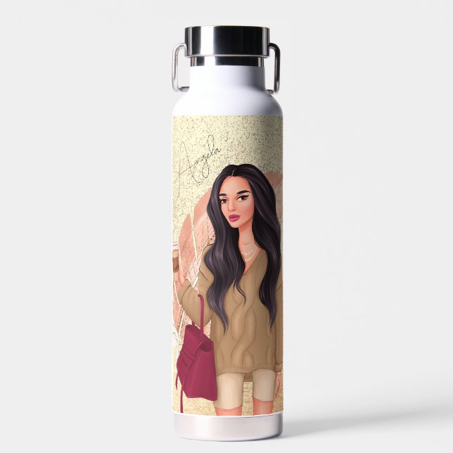 Faux Glitter Salon Woman Hair Gold  Water Bottle (Front)