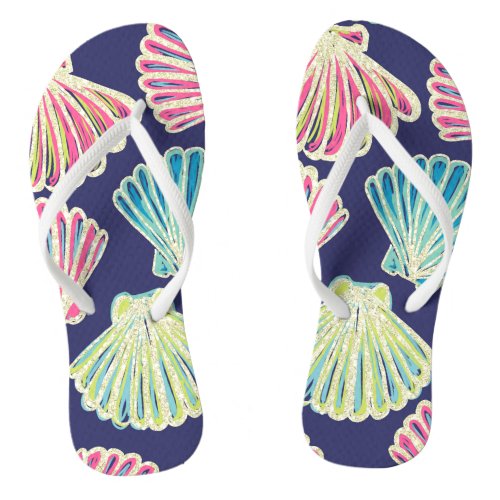 Faux Glitter Seashells on Navy Blue Flip Flops