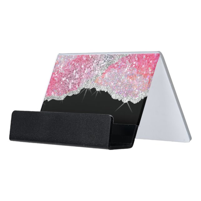Faux glitter sequin desk business card holder (Angled Front)