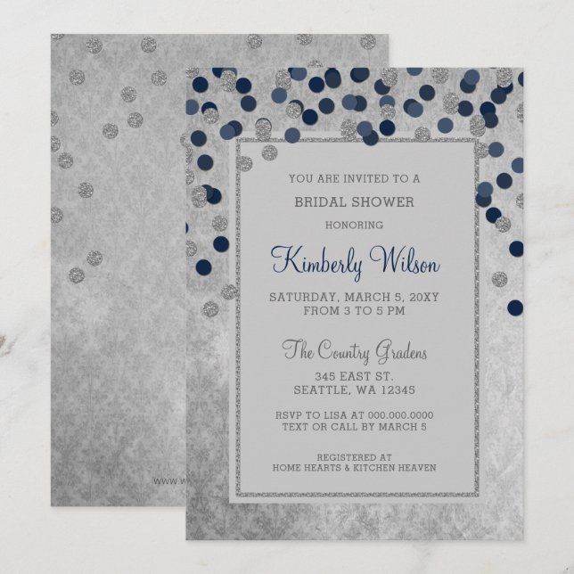 FAUX Glitter Silver Navy confetti Bridal Shower Invitation (Front/Back)