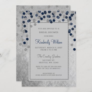 FAUX Glitter Silver Navy confetti Bridal Shower Invitation