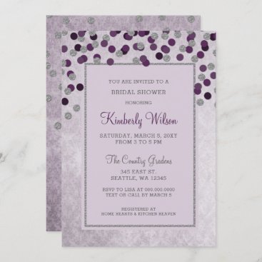FAUX Glitter Silver Purple confetti Bridal Shower Invitation