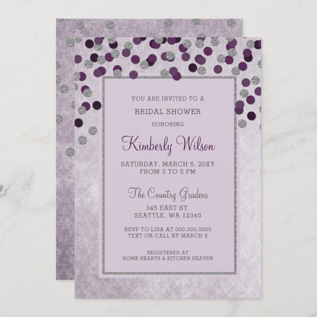 FAUX Glitter Silver Purple confetti Bridal Shower Invitation (Front/Back)