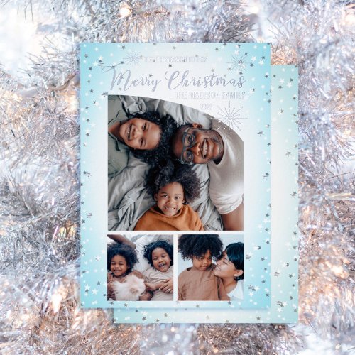 Faux Glitter Tapered Top 3 Photo Merry Christmas   Foil Holiday Card