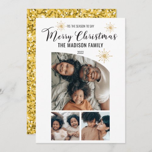 Faux Glitter Tapered Top 3 Photo Merry Christmas Holiday Card