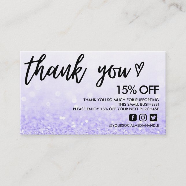 Faux Glitter Thank You Heart Business Card (Front)