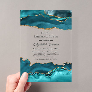 Faux Glitter Turquoise Gold Agate Rehearsal Dinner Acrylic Invitations